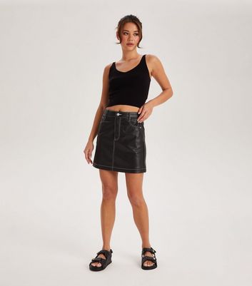 Black faux leather 2024 contrast stitch mini skirt