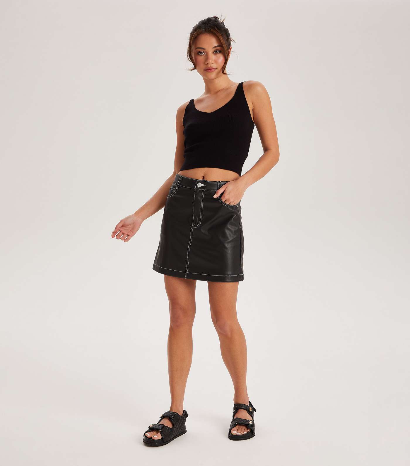 Urban Bliss Black Leather-Look Contrast Stitch Mini Skirt Image 3