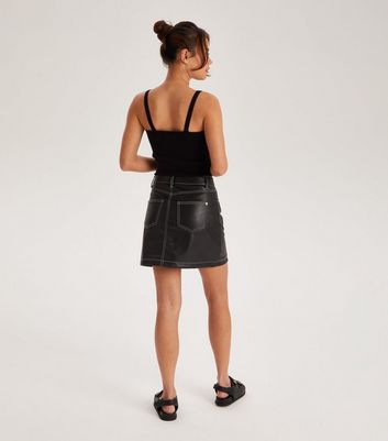 Urban Bliss Black Leather-Look Contrast Stitch Mini Skirt New Look