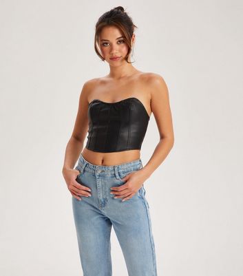  Women's Black Pu Corset Top Cropped Leather Bustier Crop Top  (US,00) : Clothing, Shoes & Jewelry