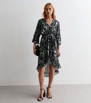 Gini London Black Leopard Print Frill Hem Midi Wrap Dress New Look