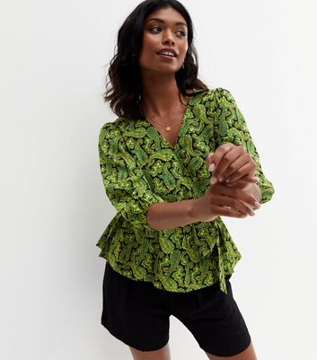 Gini London Green Paisley Belted Wrap Top New Look