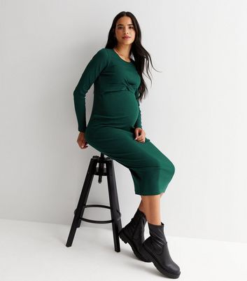 Maternity Dark Green Ribbed Twist Midi Nursing Dress
