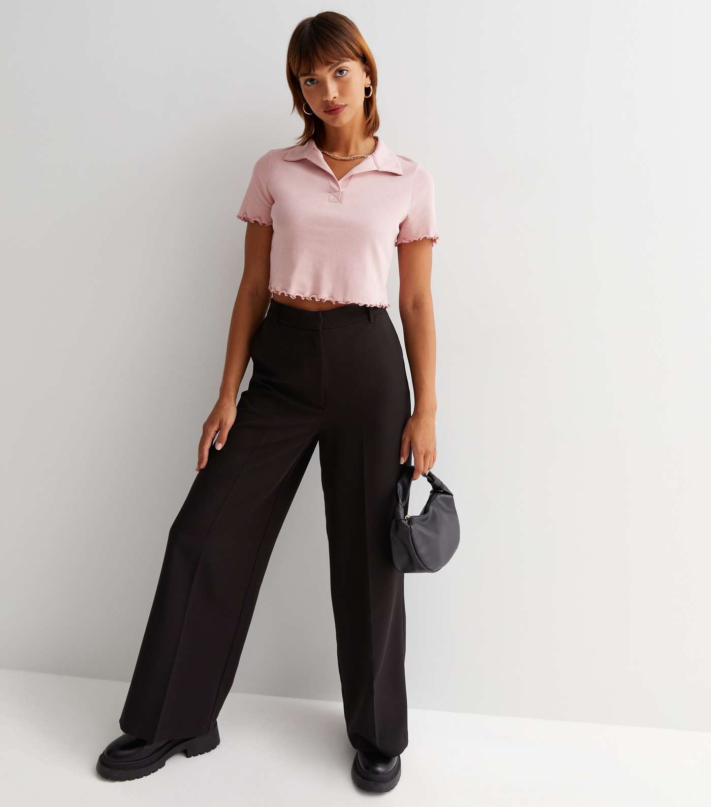 Pale Pink Ribbed Frill Short Sleeve Polo T-Shirt Image 2