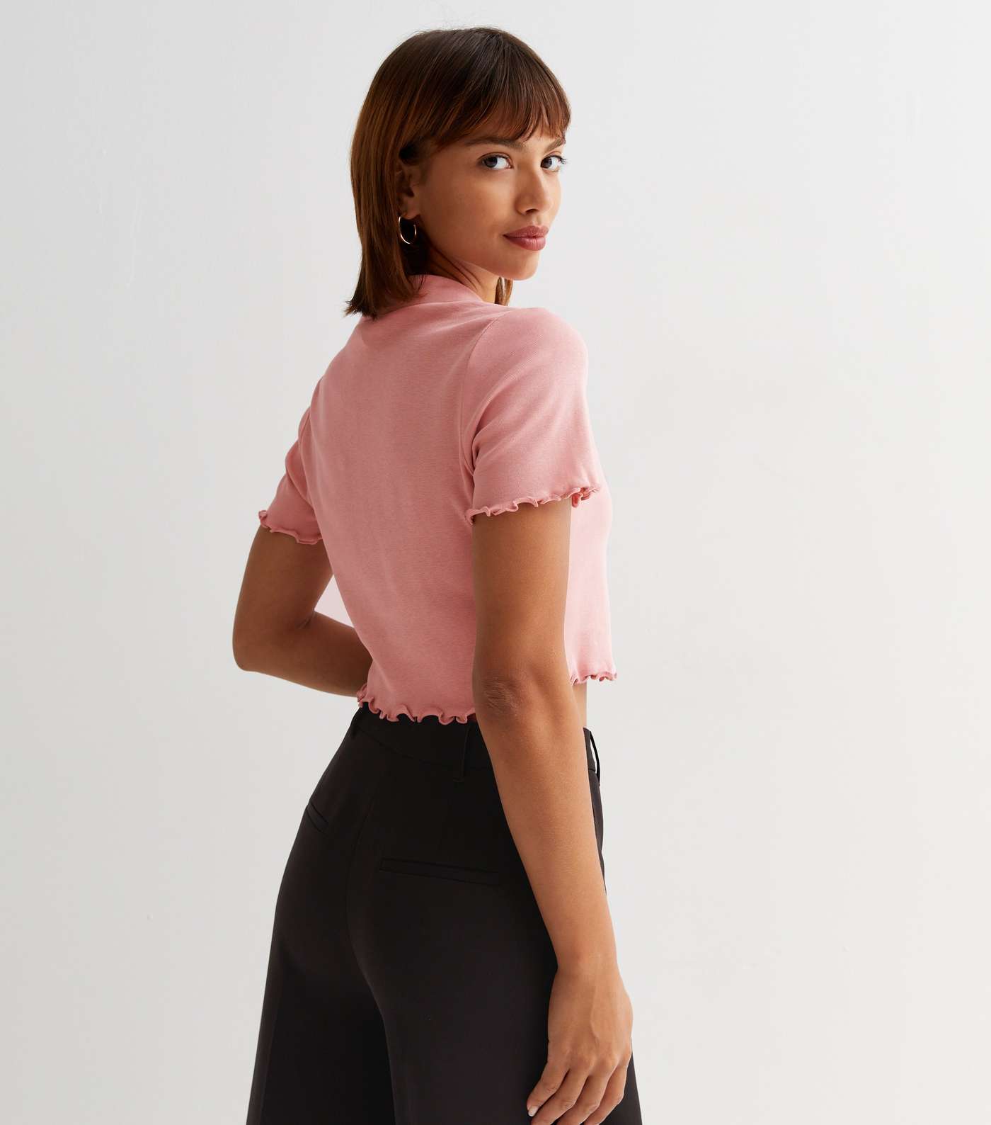 Pale Pink Ribbed Frill Short Sleeve Polo T-Shirt Image 4