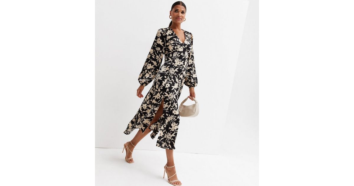 Gini London Black Floral V Neck Long Puff Sleeve Midi Dress New Look 9407