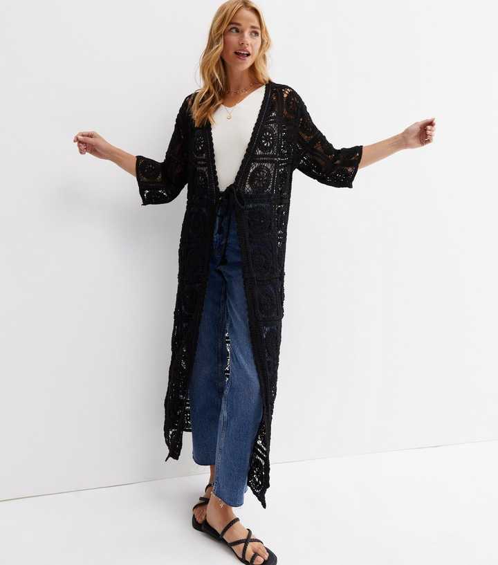 Gini London Black Crochet Long Kimono