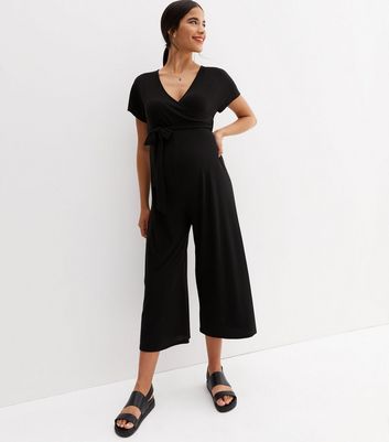 Maternity Black Ribbed Crop Wrap Jumpsuit New Look