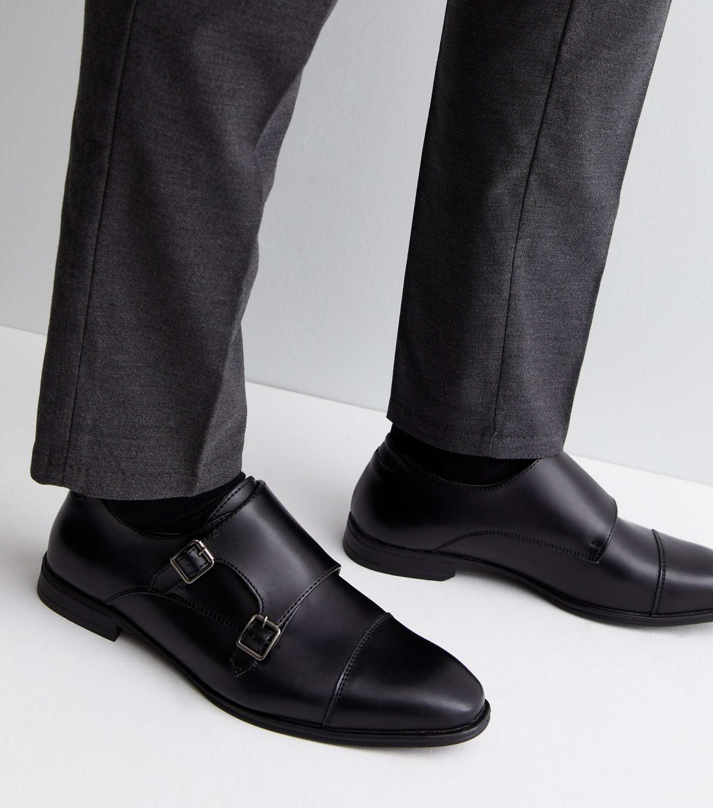 Black Leather Double Buckle Strap Monk Shoes Image 2