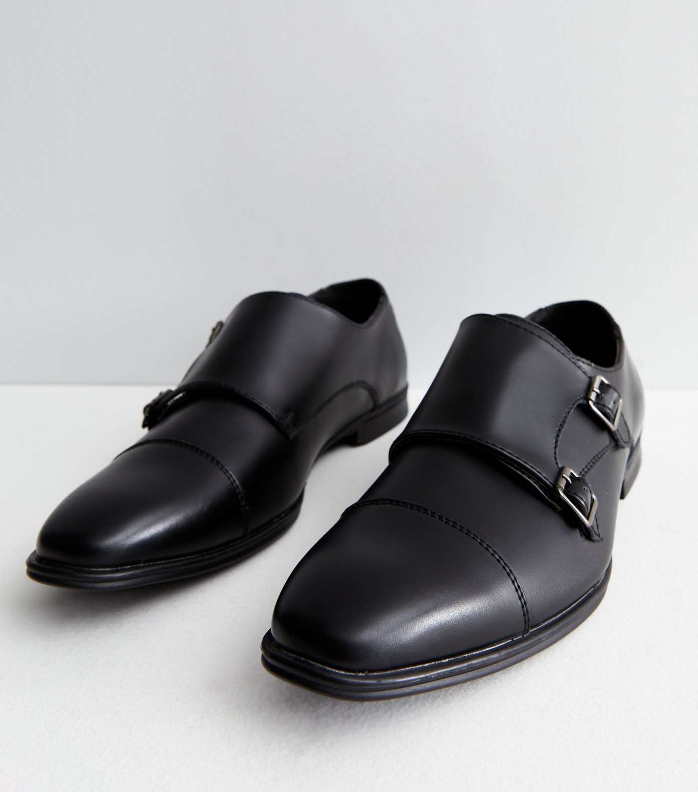 Black Leather Double Buckle Strap Monk Shoes Image 4
