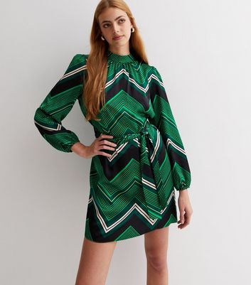 New Look Women's Green Zig Zag Belted Mini Tunic Dress - UK 6