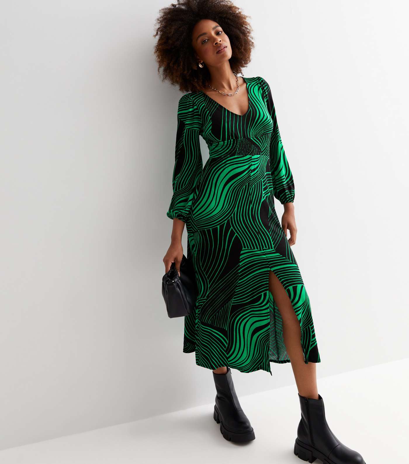 Green Geometric Stripe Long Puff Sleeve Midi Wrap Dress