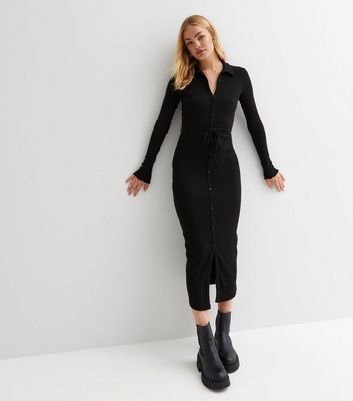 Black Ribbed Button Front Tie Waist Midi Polo Dress