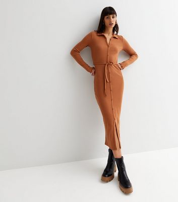 Brown Ribbed Button Front Tie Waist Midi Polo Dress