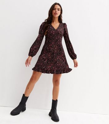 Black Floral Crinkle Lace Trim Frill Mini Tea Dress