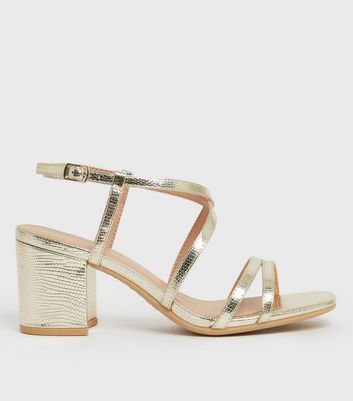 Wide Fit Gold Faux Croc Strappy Block Heel Sandals | New Look