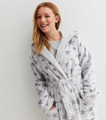 Girls Pale Grey Star Fleece Hooded Dressing Gown