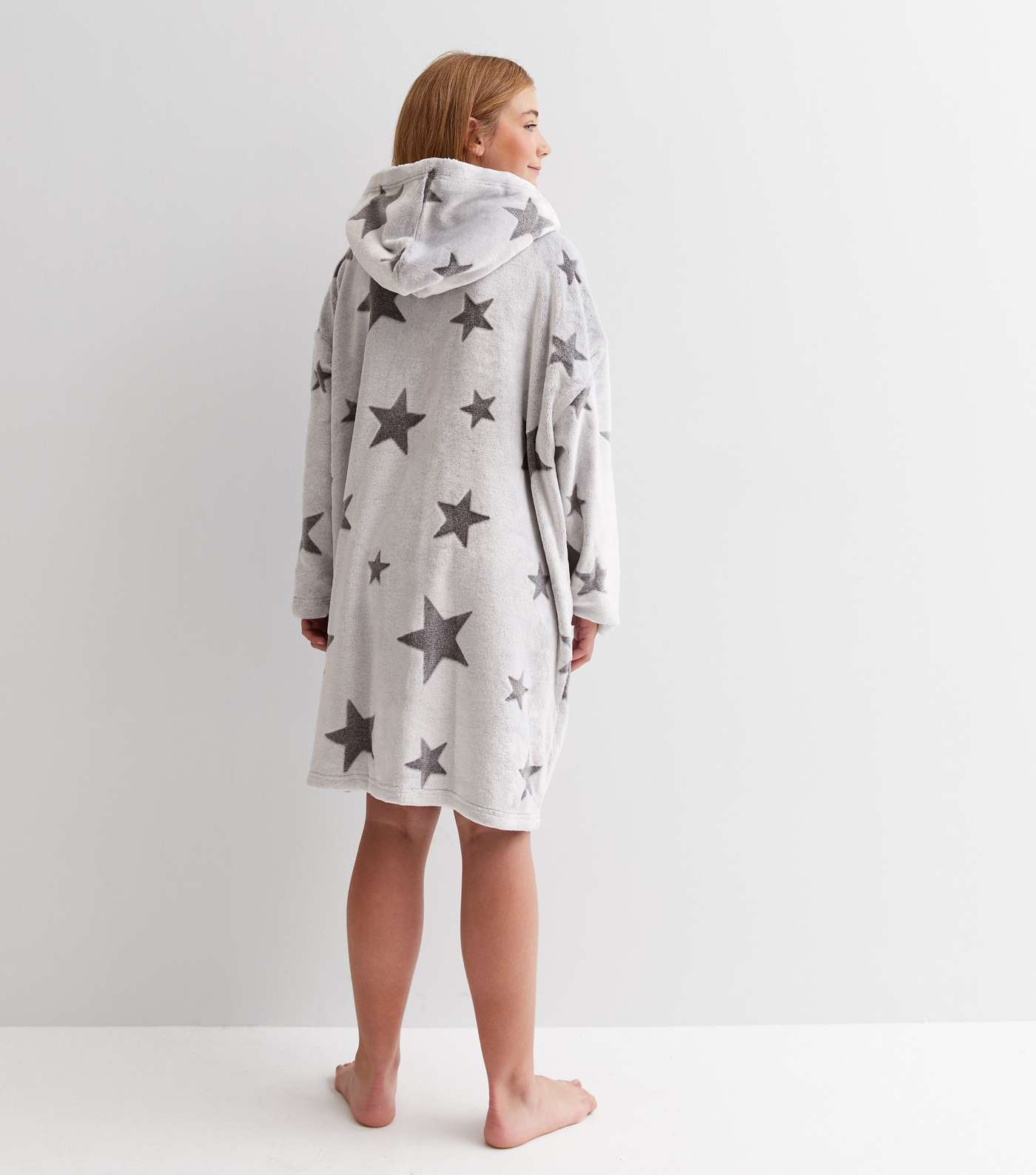 Girls Light Grey Star Fleece Oversized Blanket Hoodie Image 4