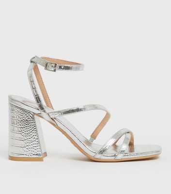 Silver Metallic Faux Croc Strappy Block Heel Sandals