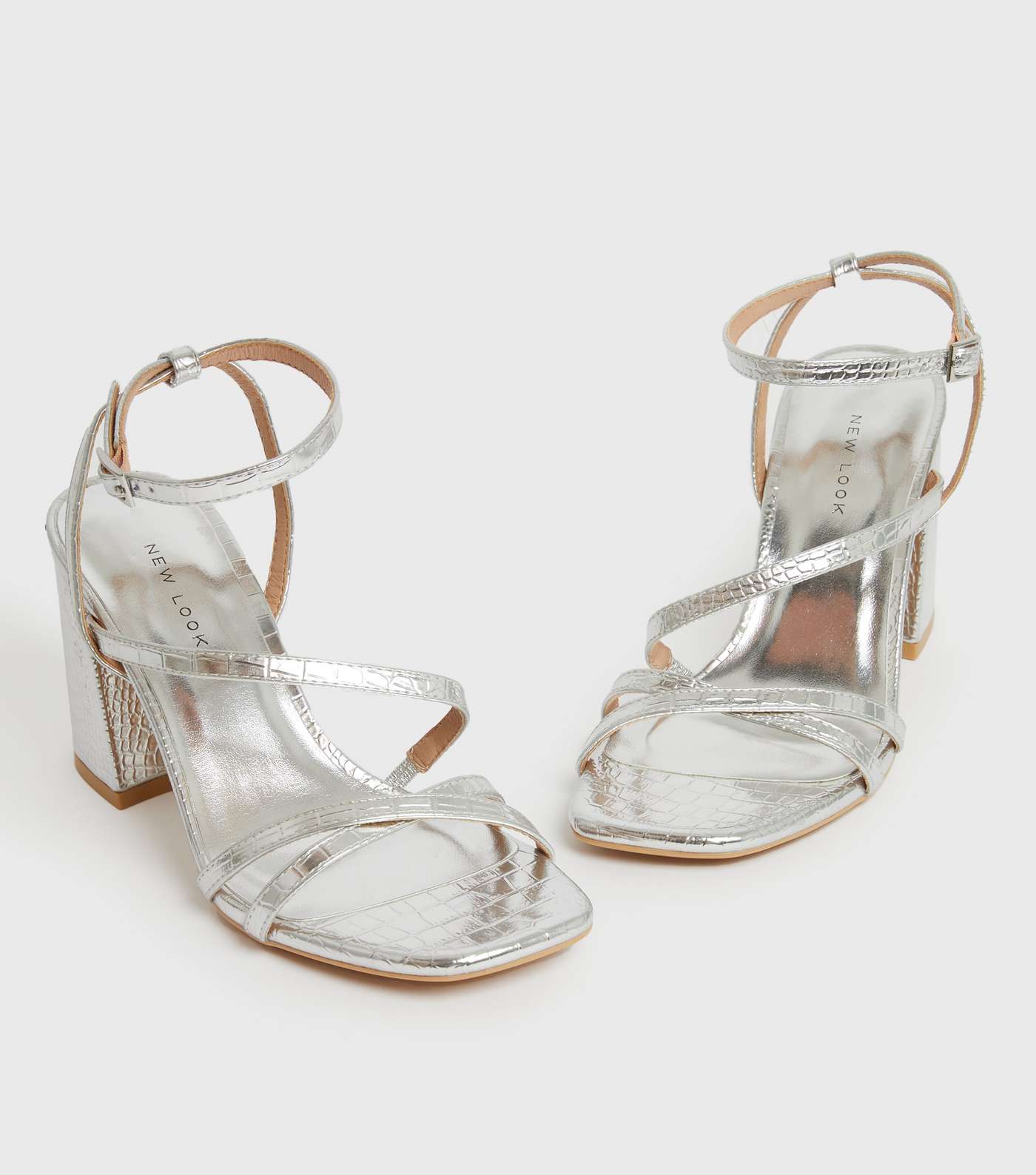 Silver Metallic Faux Croc Strappy Block Heel Sandals Image 3