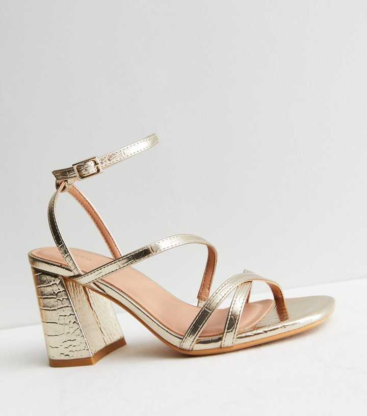 Gold Metallic Faux Croc Strappy Block Heel Sandals