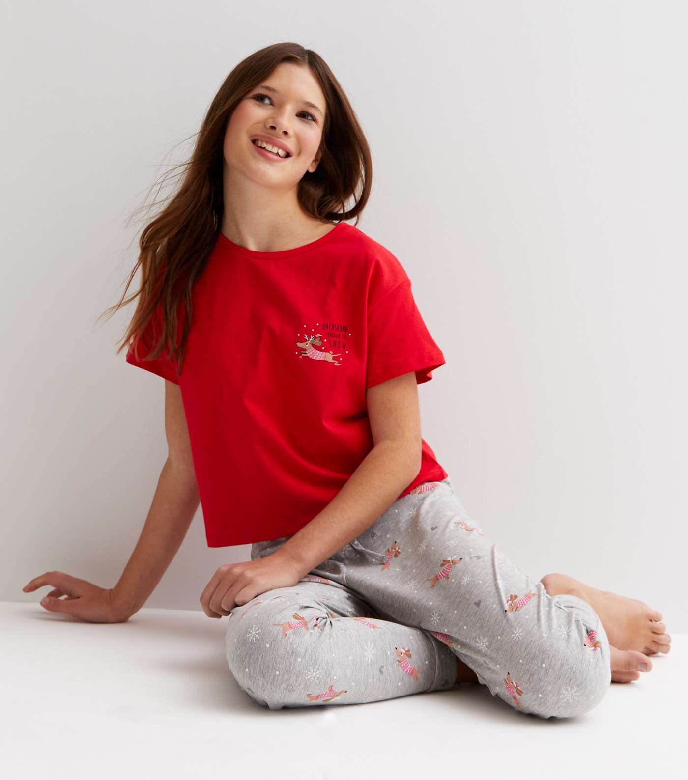 Girls Red Jogger Pyjama Set with Christmas Dog Print