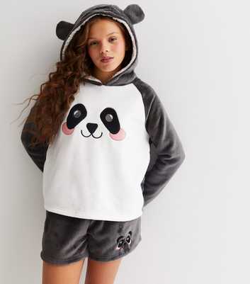 Girls Light Grey Fleece Shorts Pyjama Set with Panda Logo