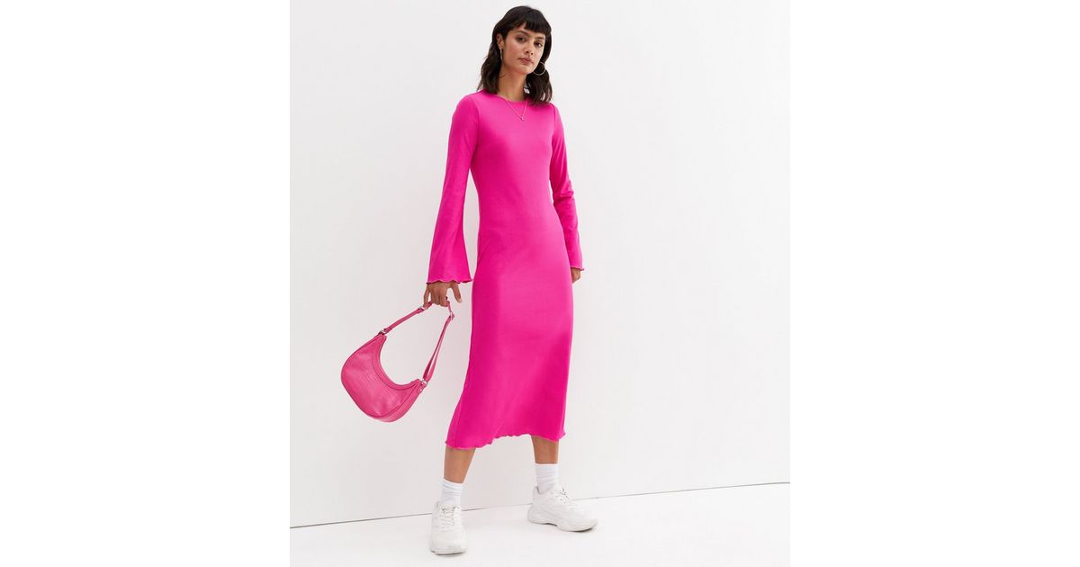 Bright Pink Ribbed Flared Sleeve Midi Dress New Look