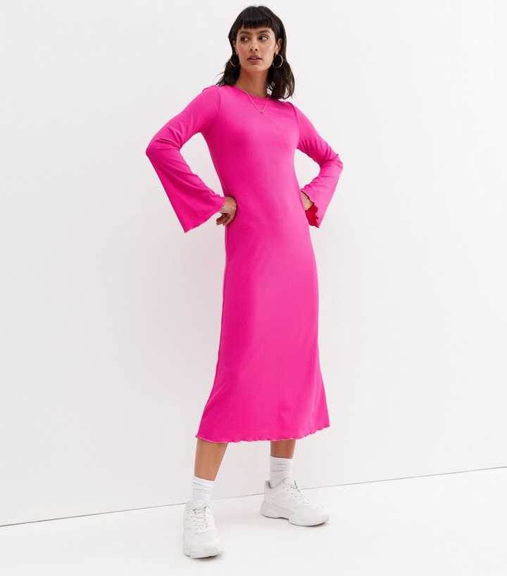 Bright Pink Ribbed Flared Sleeve Midi Dress | New Look