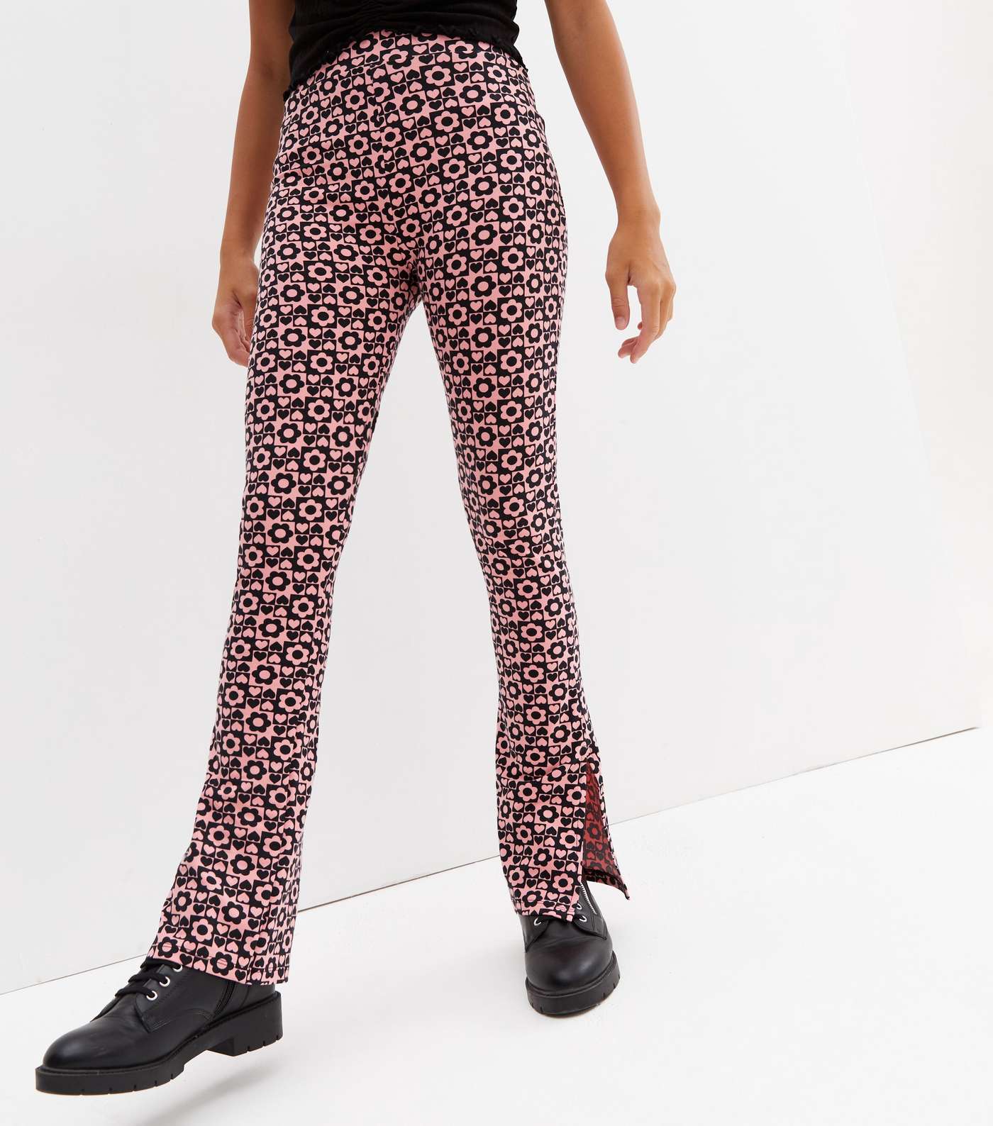 Girls Pink Checkerboard Heart and Daisy Flared Trousers Image 2
