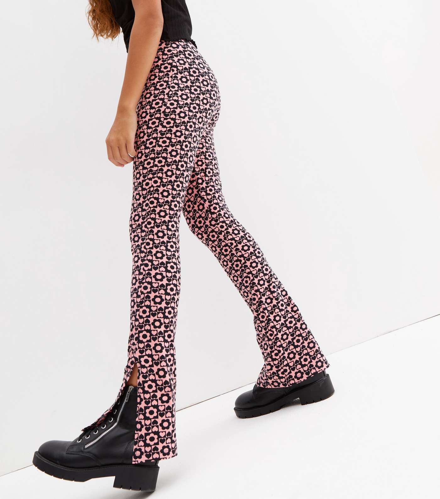 Girls Pink Checkerboard Heart and Daisy Flared Trousers Image 4