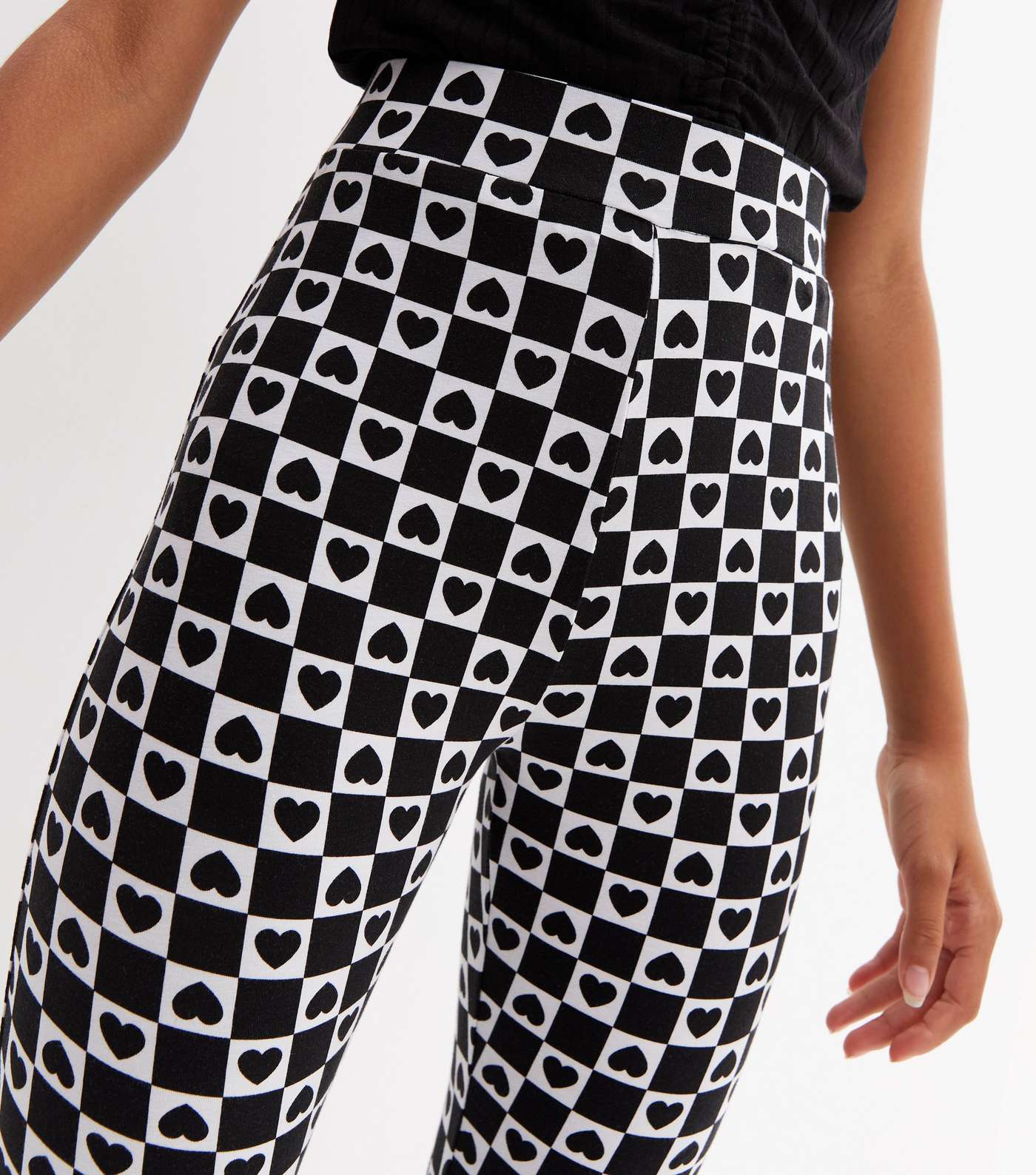 Girls Black Checkerboard Heart Print Flared Trousers Image 3