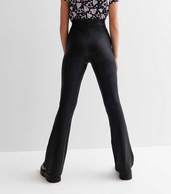 Girls Black Wet Look Flared Trousers