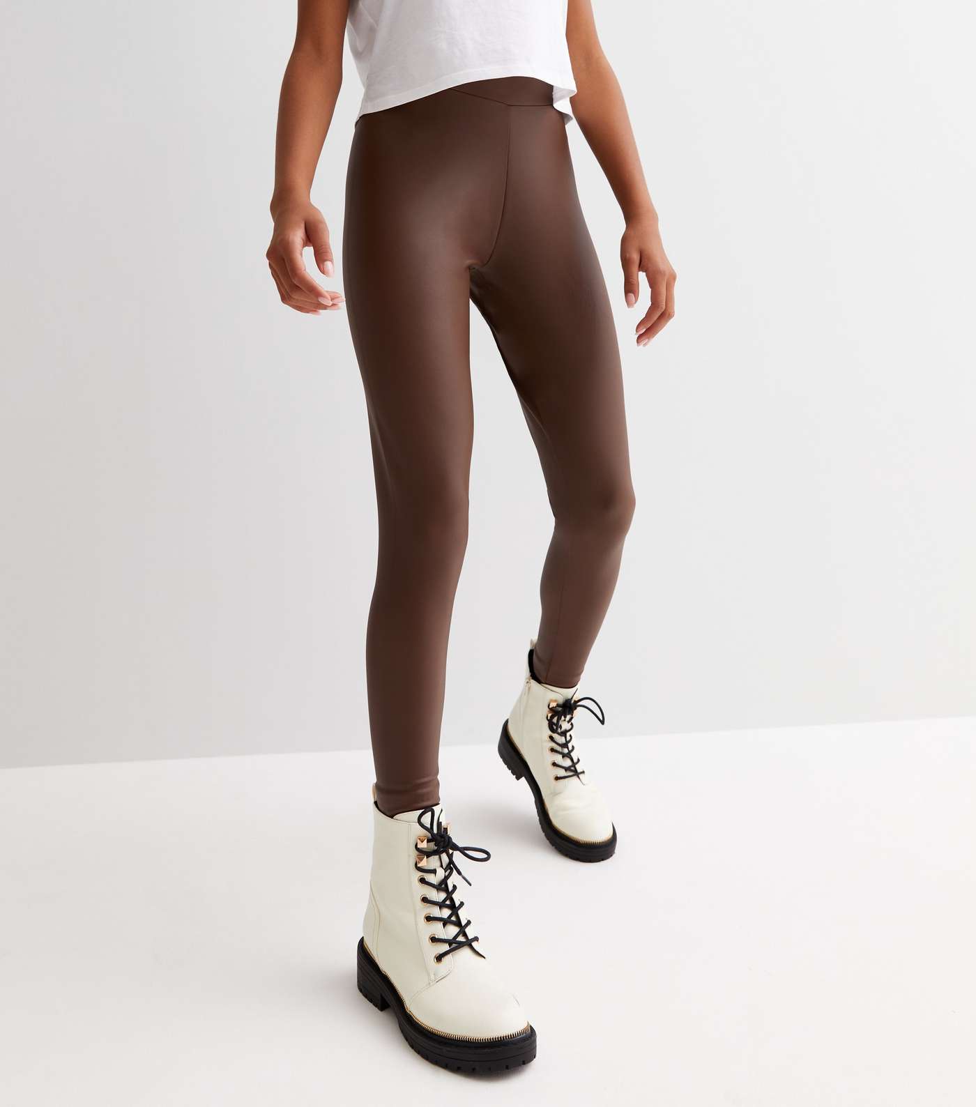 Girls Brown Leather-Look Leggings Image 2