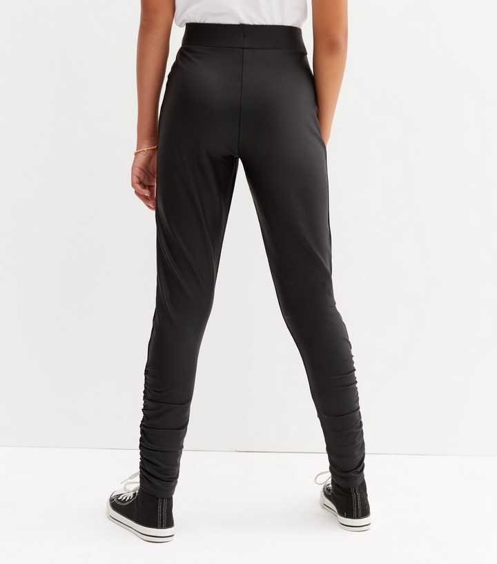 Girls Black Leather-Look Ruched Leggings