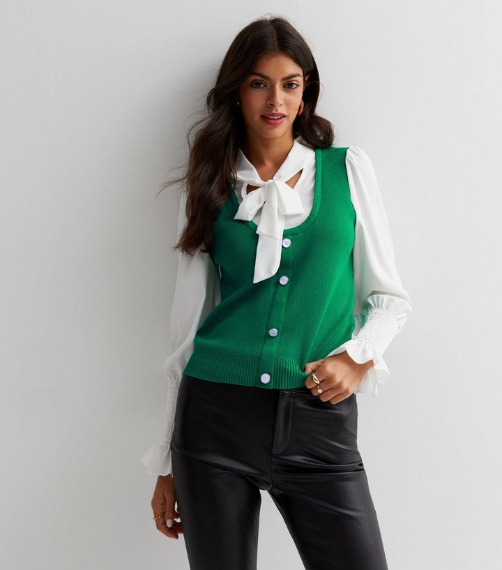 newlook.com | Cameo Rose Green Knit 2-in-1 Long Sleeve Tie Neck Blouse