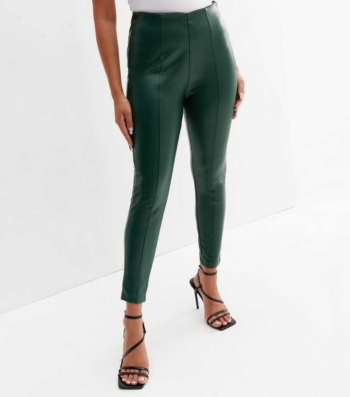 Petite Dark Green Leather-Look High Waist Western Trousers
