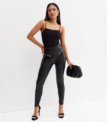 Petite Black Leather-Look Zip High Waist Leggings