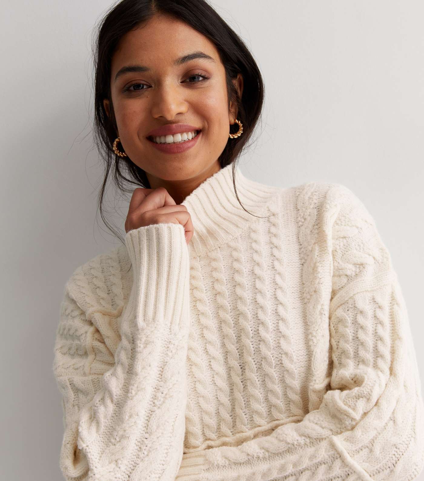 Petite Cream Patchwork Cable Knit High Neck Jumper