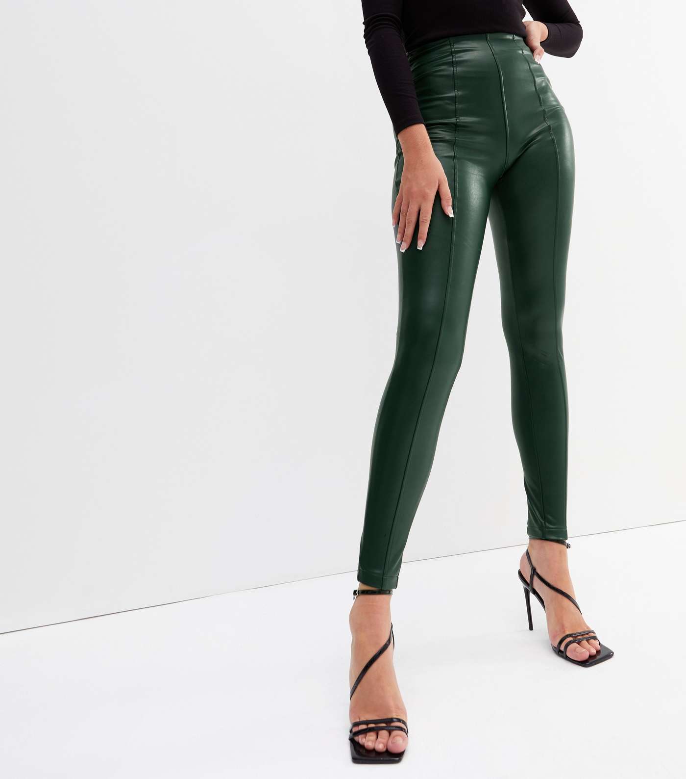 Tall Dark Green Leather-Look High Waist Leggings Image 2