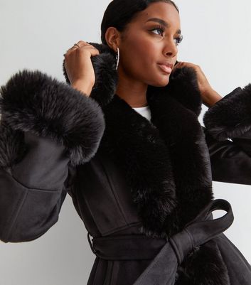 New look black faux best sale fur coat