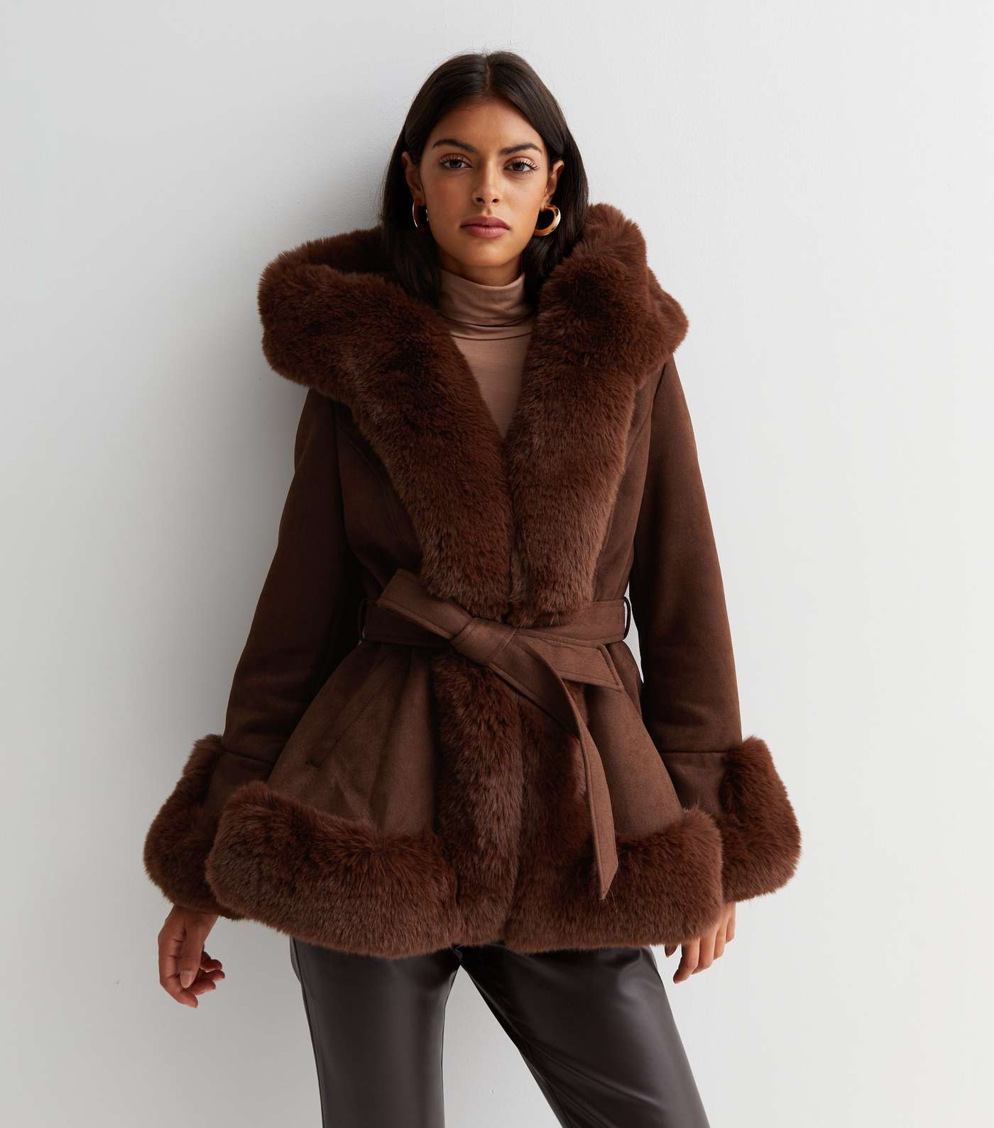 Cameo Rose Dark Brown Suedette Faux Fur Hooded Coat