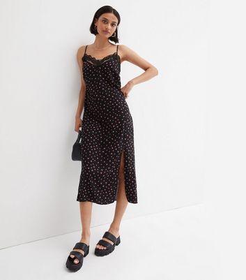 Black Ditsy Floral Lace Trim Midi Slip Dress