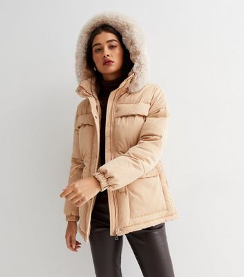 Cameo Rose Women's Stone Toggle Faux Fur Hooded Puffer Jacket New Look - UK 10