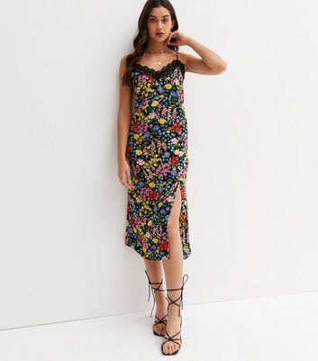 Black Ditsy Floral Lace Trim Strappy Midi Slip Dress