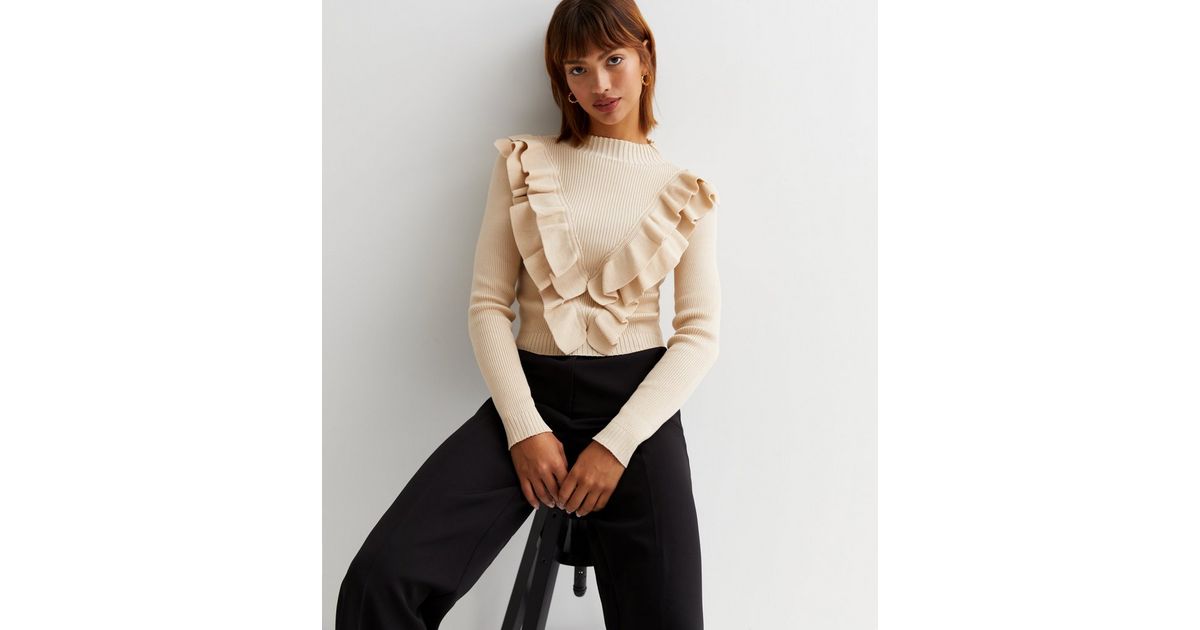 Cameo Rose Off White High Neck Ruffle Knit Jumper New Look