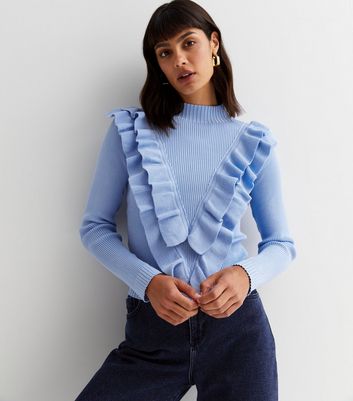 Cameo Rose Bright Blue High Neck Ruffle Knit Jumper | New Look