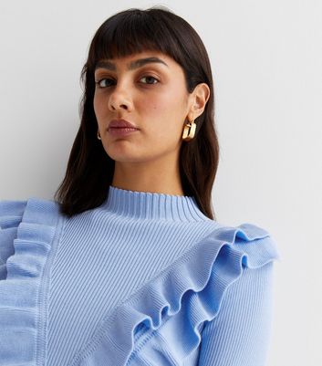 Cameo Rose Bright Blue High Neck Ruffle Knit Jumper | New Look