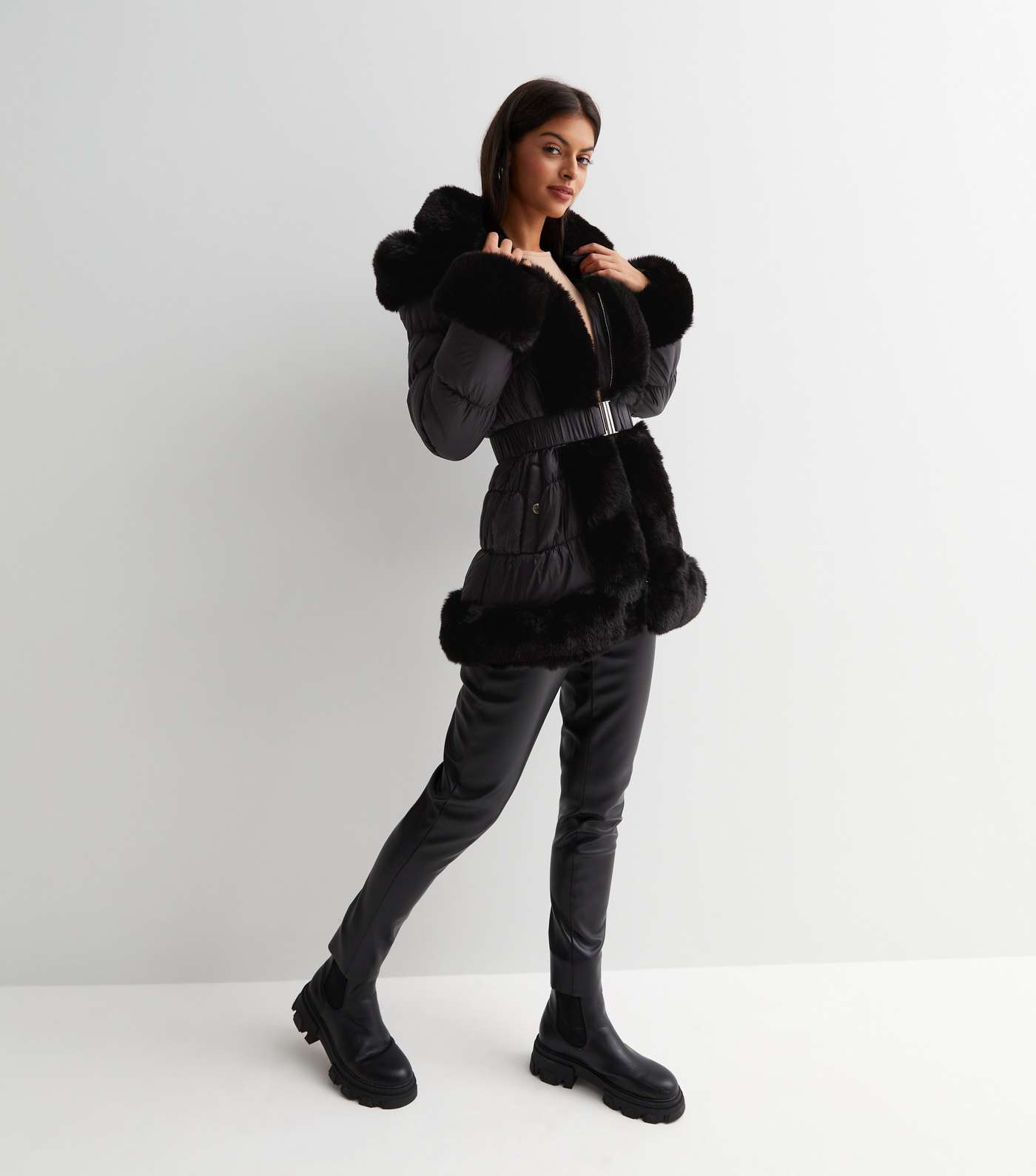 Cameo Rose Black Faux Fur Trim Belted Hooded Puffer Coat Image 2