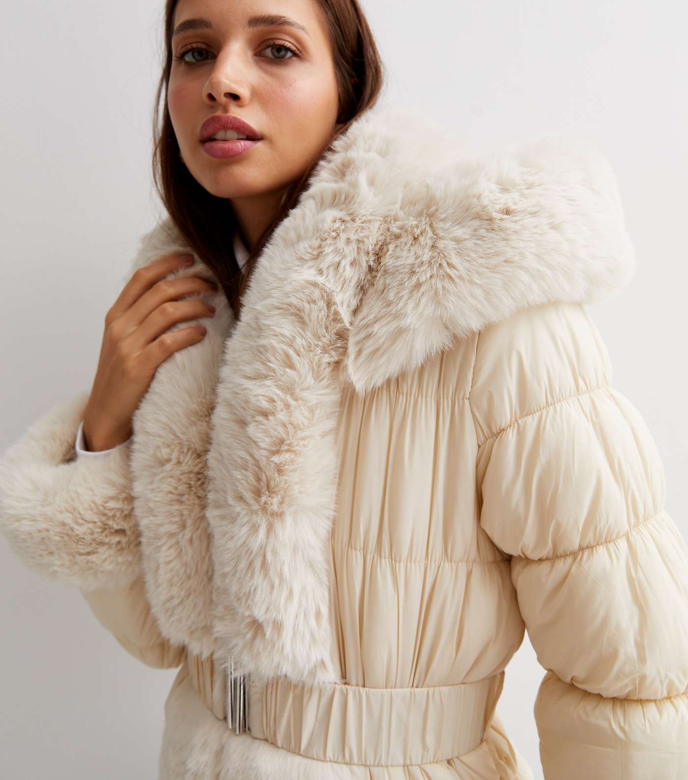 Cameo Rose Stone Faux Fur Trim Belted Hooded Puffer Coat